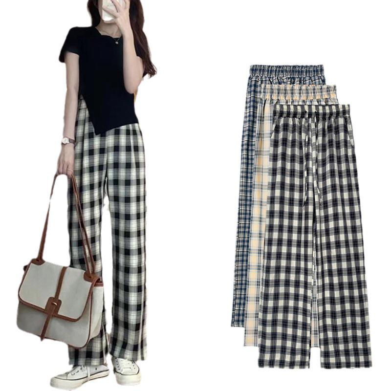 Women's High-Waist Black & White Plaid Wide-Leg Pants - Slim, Versatile, Casual, Loose, with Velvet, Ideal for Autumn and Winter