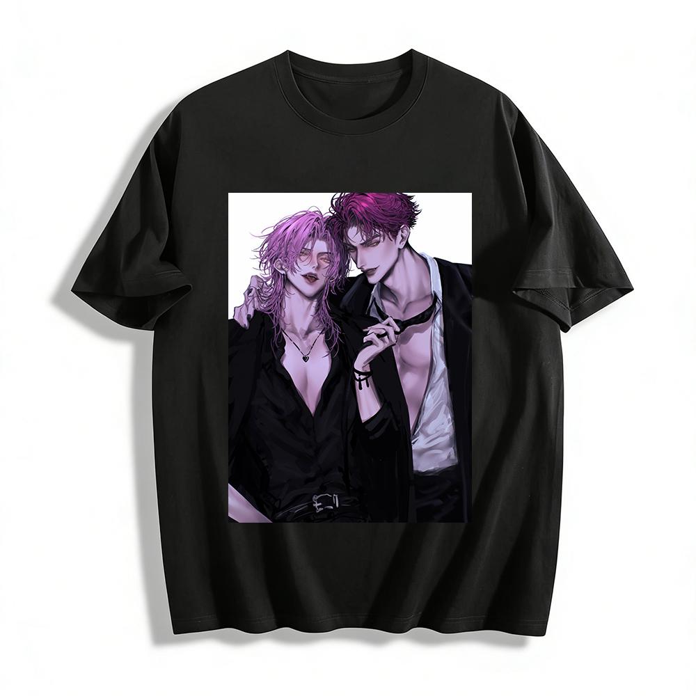 

Cool Double Male Lead Manga Style Print T-shirt Dark Style Loose Top Anime Trendy Wear Item Pure cotton T-shirt XXS