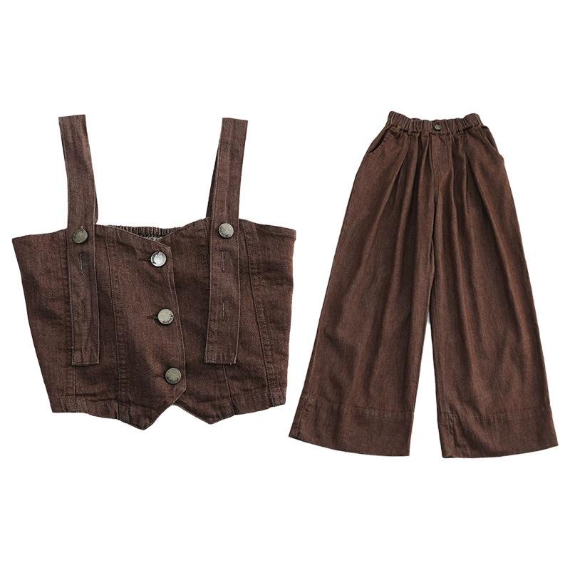 Girls Summer Design Set Sling Tank Top+ Wide Leg Pants 2pcs Junior Kids Suit