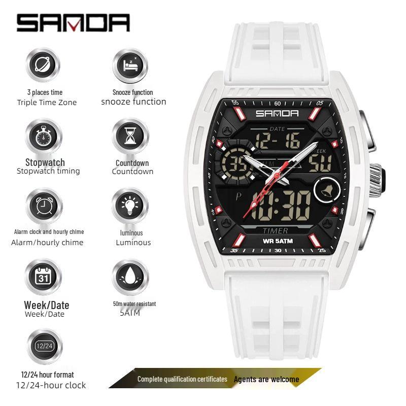 SANDA Men's Waterproof Luminous Sports Watch - Countdown & Multifunctional Barrel-Shaped Electronic Watch with Large Dial