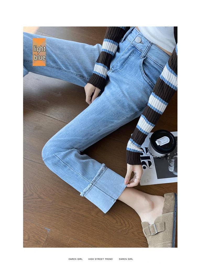 Women's Autumn Patchwork Ripped Straight-Leg Jeans - Cropped, Loose Fit Cigarette Pants