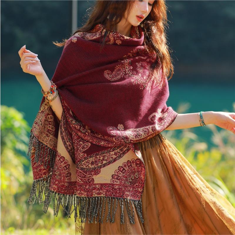 New cashew flower scarf dual-purpose long Xizang Qinghai travel windproof and warm fringed shawl