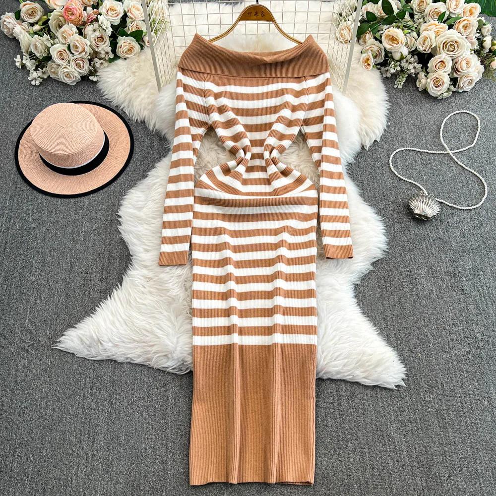 Vestido ajustado de punto con hombros descubiertos y cuello en V a rayas con bloques de color, sexy, para mujer, otoño, vestidos cruzados, ChicDresses