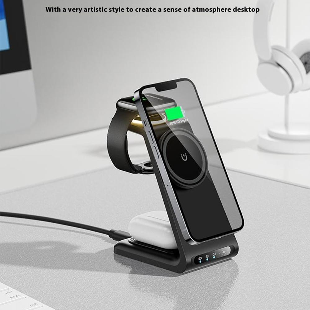 HT-546 15W Magnetic Wireless Charger Desktop Stand with Night Light for Phone/Earbuds/Watch