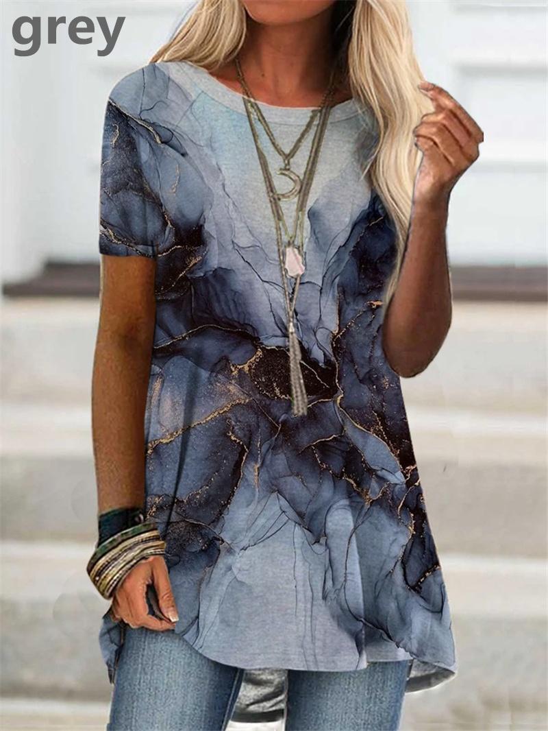 

Женская модная футболка с круглым вырезом, летний повседневный топ с принтом и коротким рукавом, свободный длинный топ 5XL серый