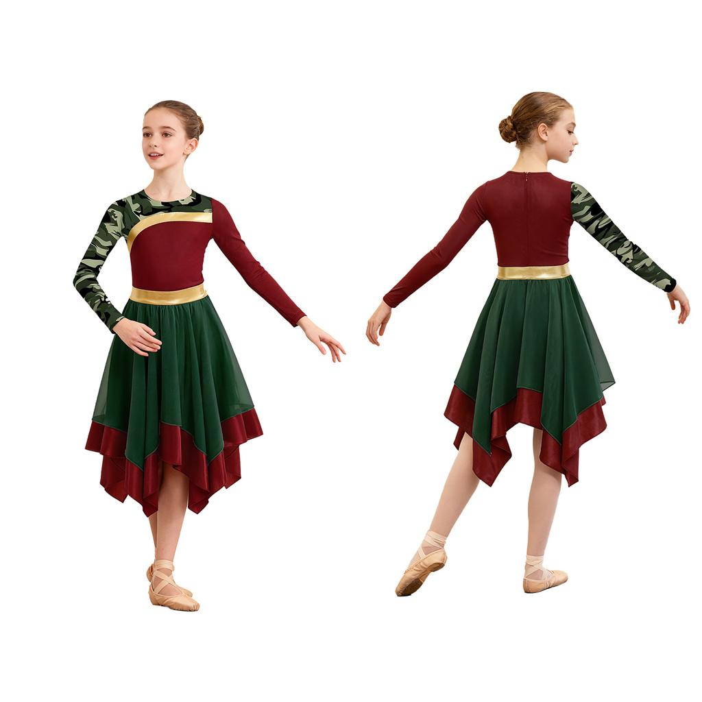 Girls Contemporary Worship Dance Dress: Long Sleeve with Invisible Zipper Back, Stylish Printed Patchwork & Color Block Irregular Hem