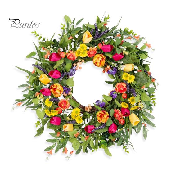 

18-дюймовый венок из тюльпанов для входной двери, весна-лето, искусственная цветочная гирлянда с цветами эвкалипта для декора стен крыльца и окна в помещении и на открытом воздухе A