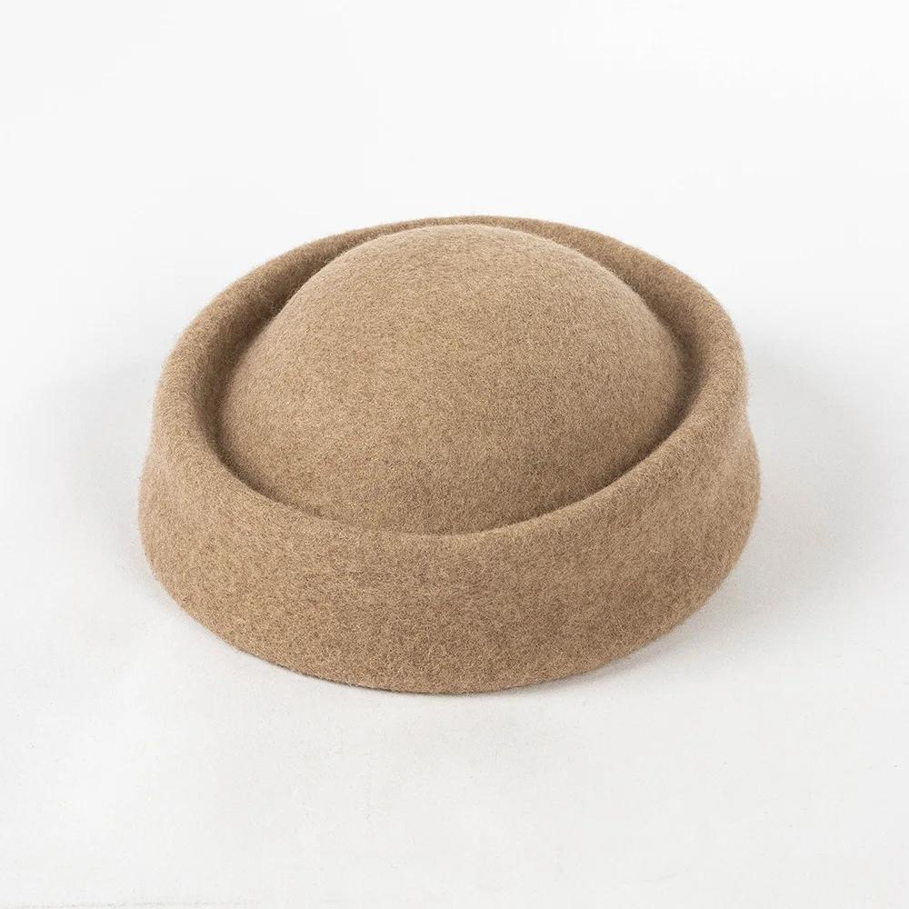 Béret Automne Hiver Enfant 100% Laine Filles Hôtesse de l'Air Scène Concave Fedoras Casquette Mode Extérieur Garder au Chaud Designer Casquette Boîte à Pilules 52cm beige