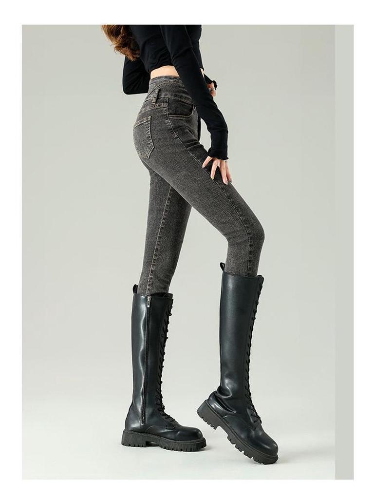 Damen Blaue-Graue High-Waist Schlankmachende Skinny Jeans mit Samtfutter