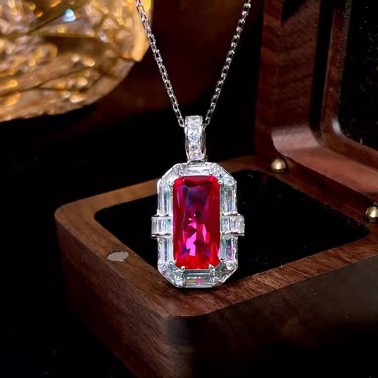 Heavy Industry Luxury High-End Rectangle Red Corundum Pendant Inlaid With High Carbon Diamond Blue Spinel Ring Earrings Color Treasure Set Women