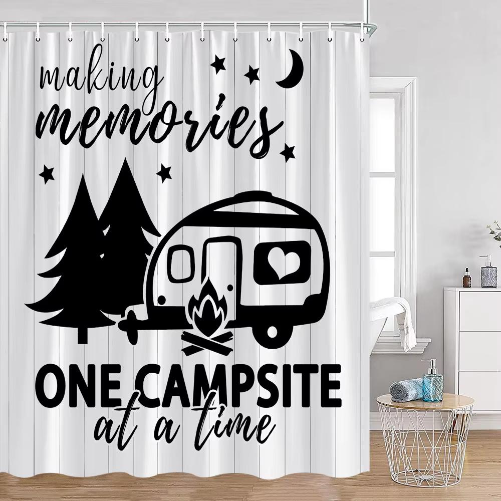 Zasłona prysznicowa do kampera Happy Camper Przyczepa Samochód Kamper Rv Las Góry Namiot Camping Łazienka Zasłona prysznicowa Wodoodporna Zasłona do wanny