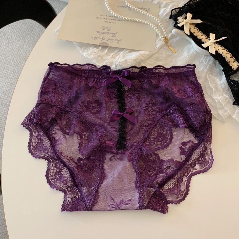 Lingerie Cotton Crotch Sweet Lace Panties Mesh Mid Waist Underwear for Women Transparent Bow Lace Flower Briefs Girl