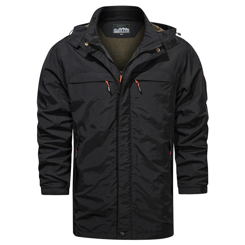 Winter Medium and Long Jacket Men's Thermal Hooded Jacket Solid Color Casual Jacket