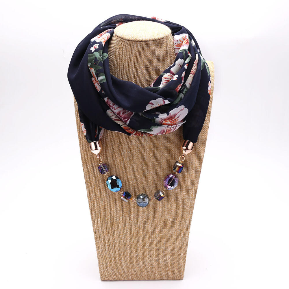 Elegant Chiffon Infinity Scarf with Floral Print & Crystal Beaded Necklace – Women’s Stylish Fashion Accessory