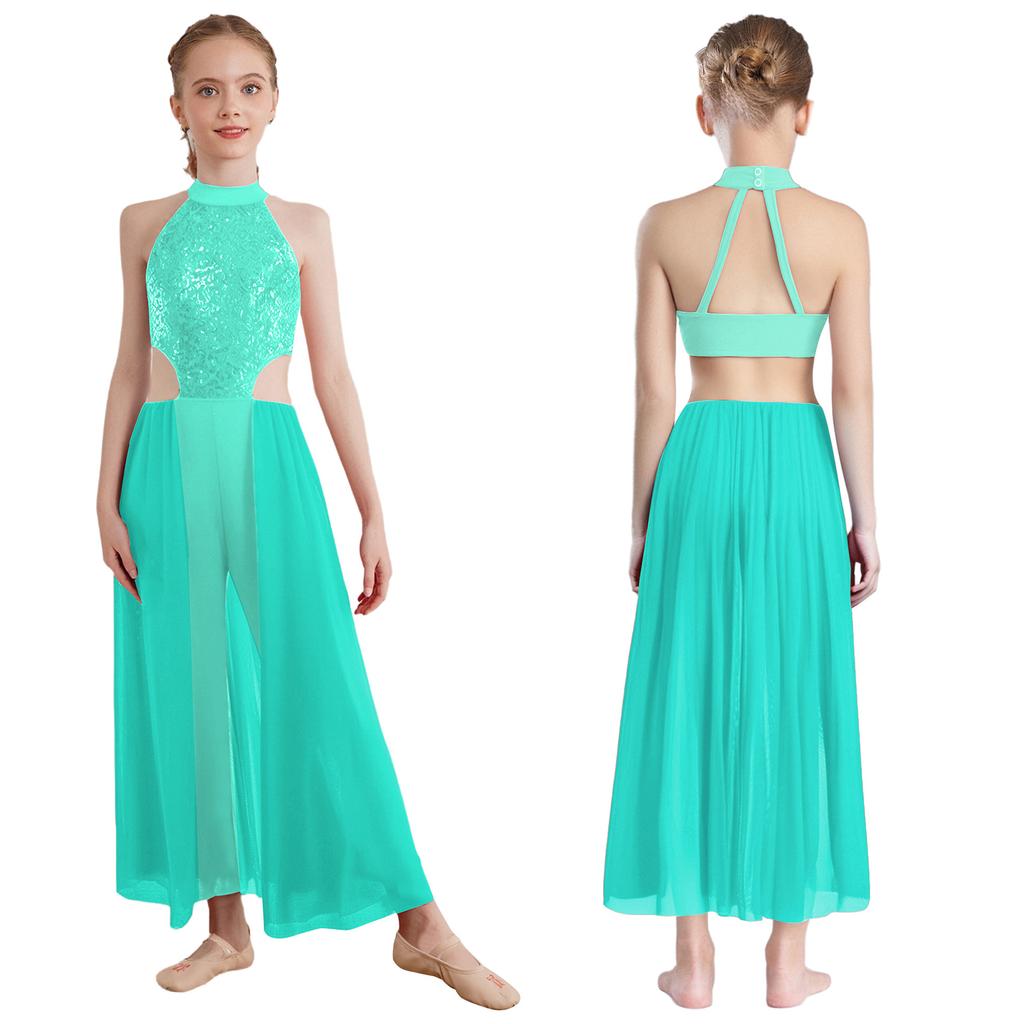 Costum Latino All-in-One pentru Copii: Salopetă Top Halter cu Paiete Strălucitoare, Fără Mâneci Decupată pe Spate cu Fustă de Practică Integrată