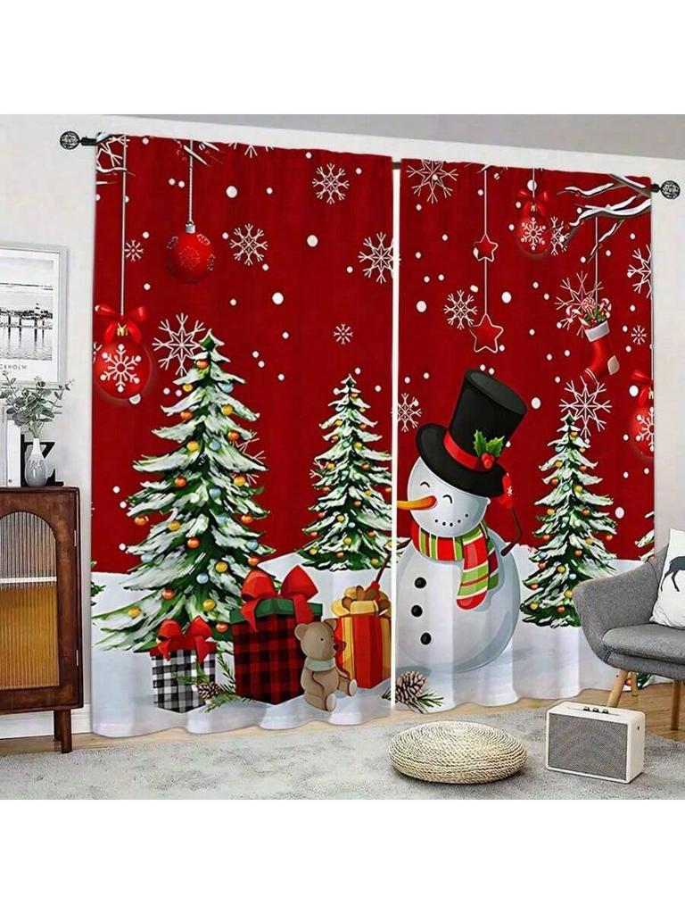 2pcs Christmas snowman pine tree curtains   pole pocket design   protect privacy   suitable for decorating various scenes