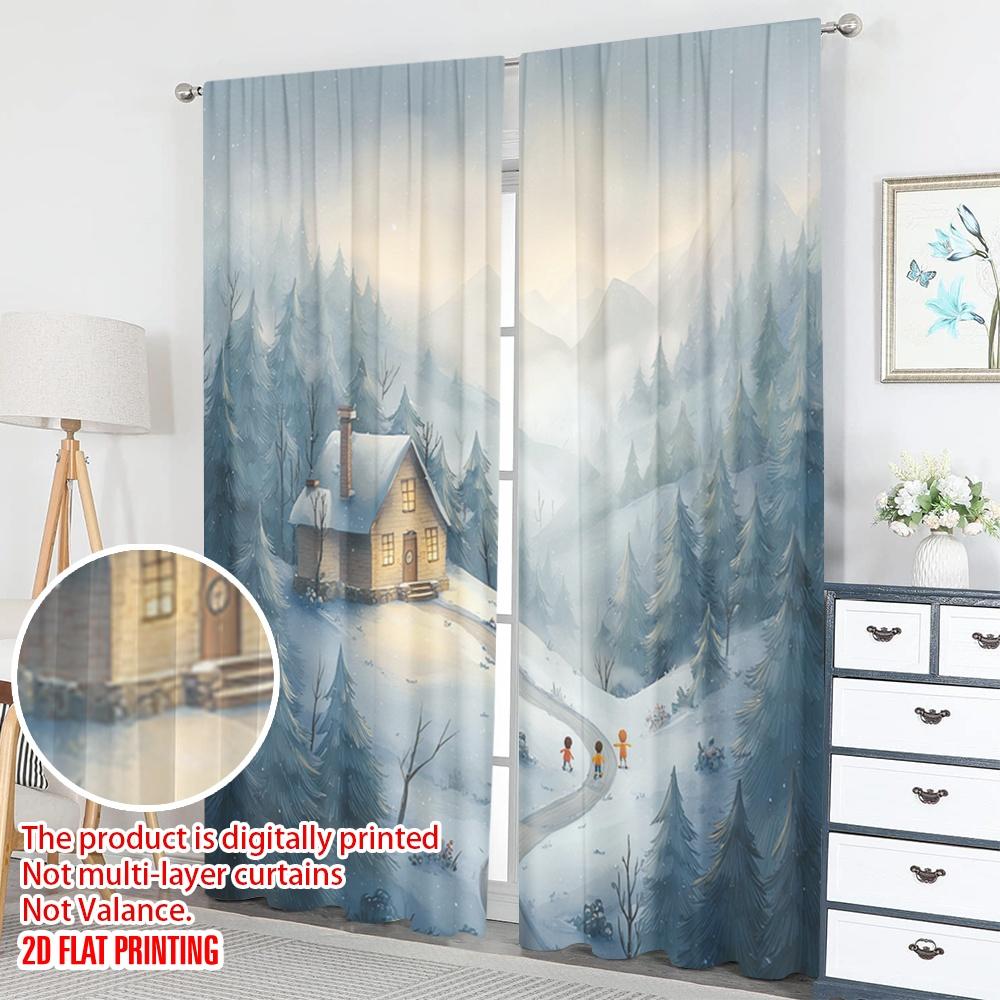 2pcs 2D flat printing Happy Christmas fashion curtains Cozy Cabin Snow Mountain Winter Digital Printed Polyester Drapes Family
