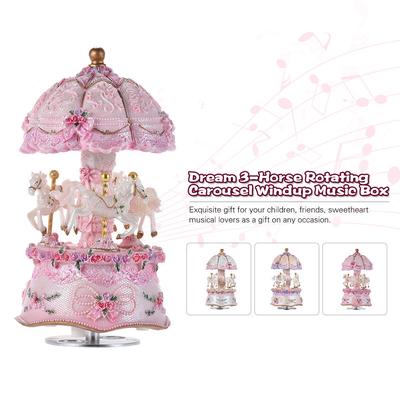 Carrusel giratorio LED de 3 caballos, caja de música de cuerda, regalo presente