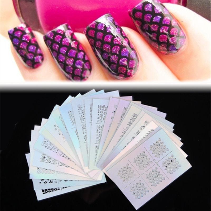 6Pcs Nail Art Vinyls Nagel Schablonen Sticker Irregulär Muster Stencil Stickers random