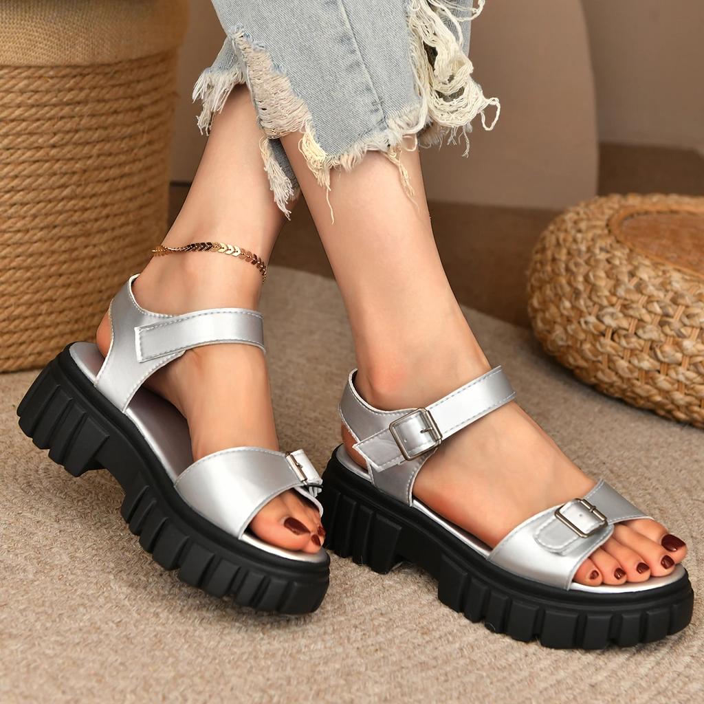 2025 New Women Sandals Round Toe Open Back Strap Slip-On Shoes for Women Plus Size Casual Thick Sole Solid Color Women Sandals