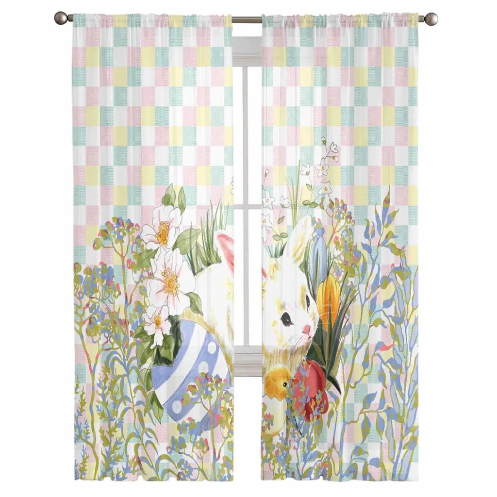 Retro Konijn Pasen Handgetekende Tule Gordijnen Voor Woonkamer Transparant Gordijn Voor Slaapkamer Keuken Jaloezieën Voile Gordijnen