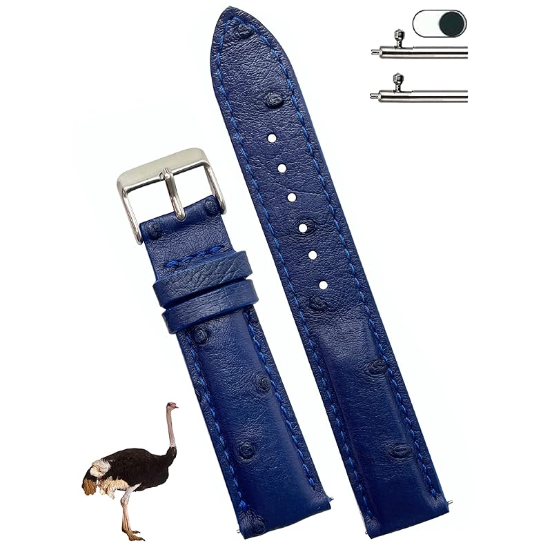 

[vinacreations] 18mm blue ostrich leather watch strap quick release genuine leather replacement watch band handmade mens with wrist buckle DH-184-18MM