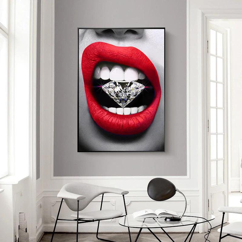 Sexy Woman Red Lips Burning Dollars Money Posters Canvas Painting Luxury Watch Fashion Wall Art Living Room Home Decor