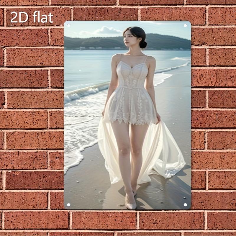 Vintage Coastal Metal Wall Art Sign Elegant Woman in White Beach Dress Beach Scene Wall Decor for Living Room