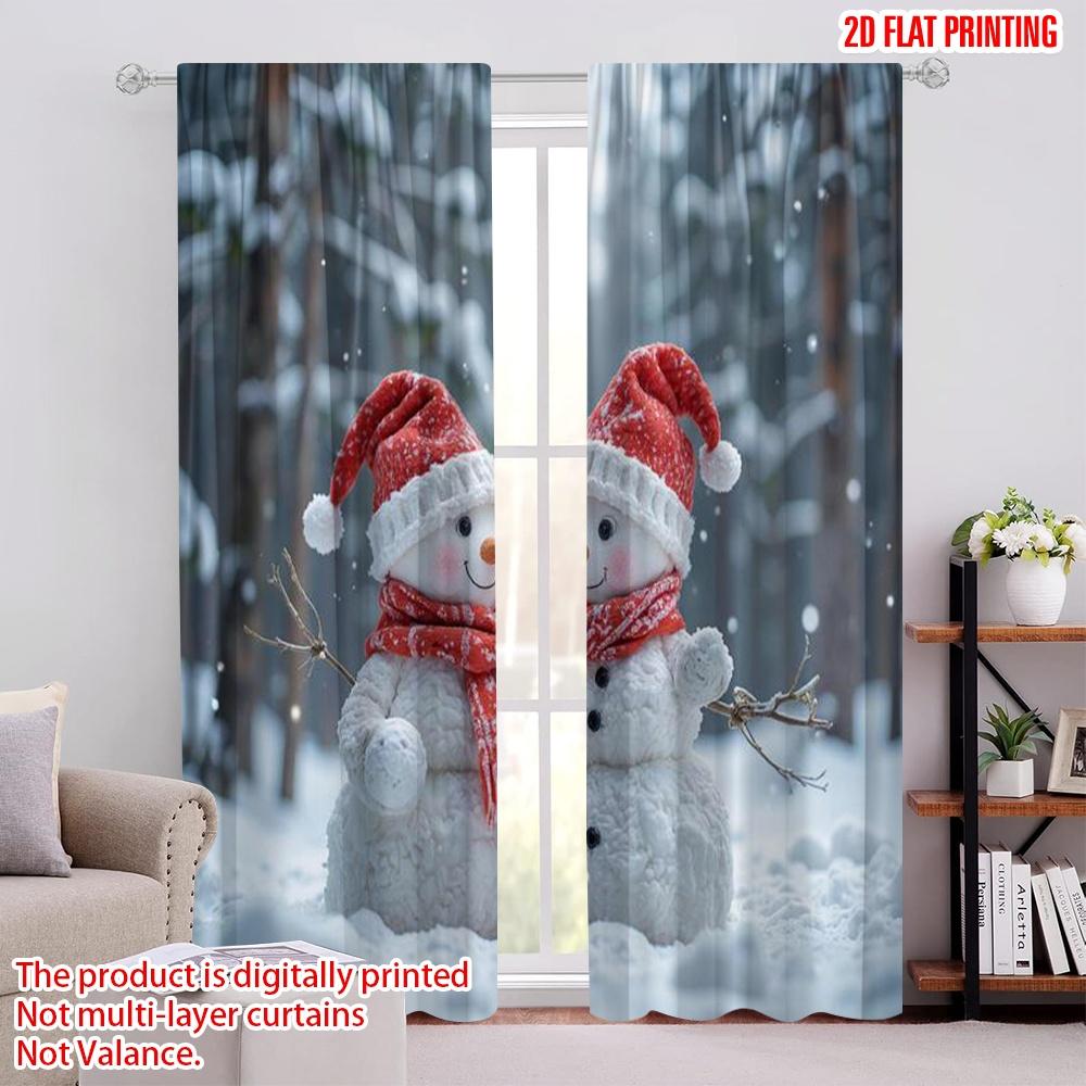 

2pcs 2D flat printing Christmas Party Curtain Holiday Christmas Snowman Family Durable 100% Polyester Fabric Without Electricity 100*130 HOOK 1pcs