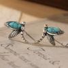 Vintage Silver Color Metal Carving Dragonfly Earrings Ethnic Inlaid Imitation Turquoise Stud Earrings for Women Jewelry