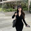 Pure Desire Sexy V-neck Long-sleeved Dress Women's Spring Design Sense Slim and Thin Inside Hip-wrapped Long Skirt