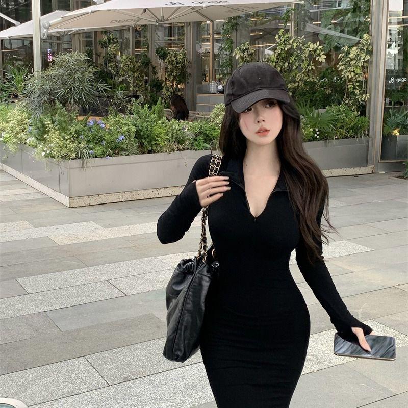 Pure Desire Sexy V-neck Long-sleeved Dress Women's Spring Design Sense Slim and Thin Inside Hip-wrapped Long Skirt