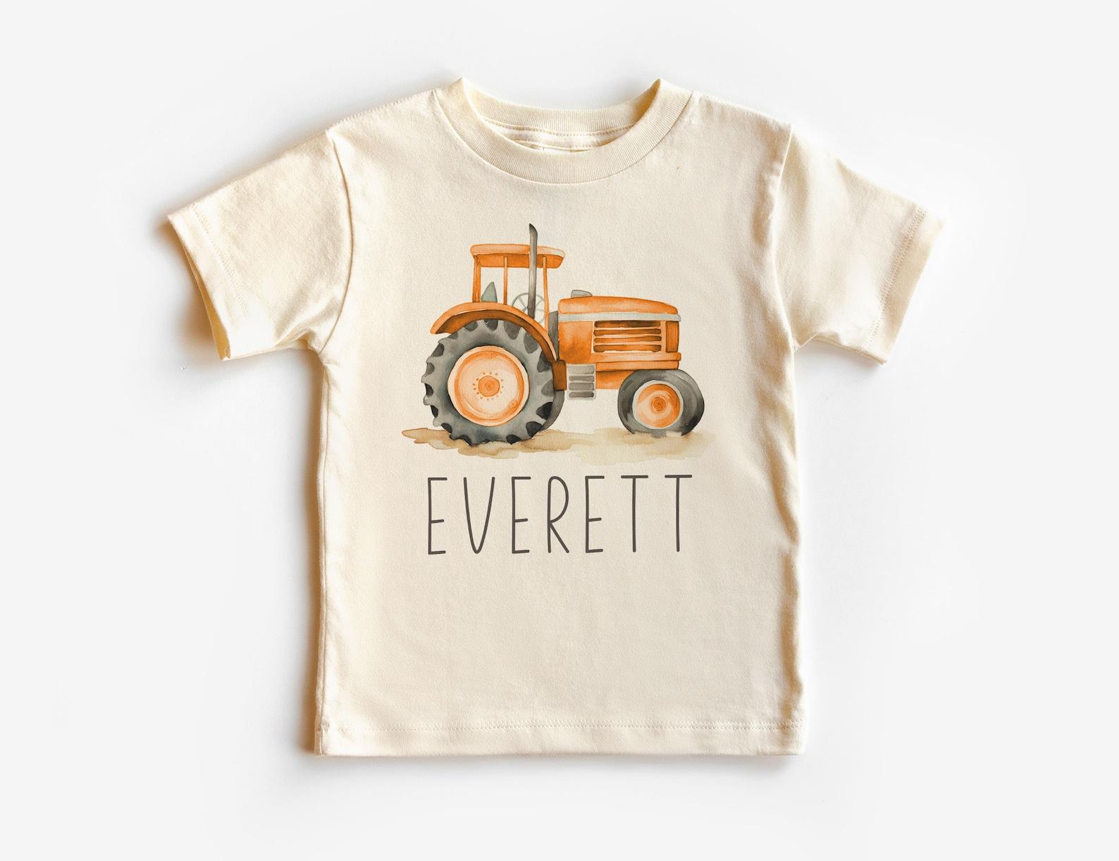 Personalized Tractor Unisex Shirt - Cute Custom Name Farmer Orange Farm Tractor Tee - Boho Natural Kids Shirts 100