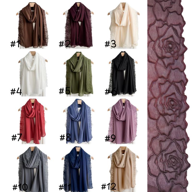 Sciarpa da Donna in Chiffon Monocolore con Grande Ricamo Floreale – Versatile Sciarpa di Seta & Protezione Solare