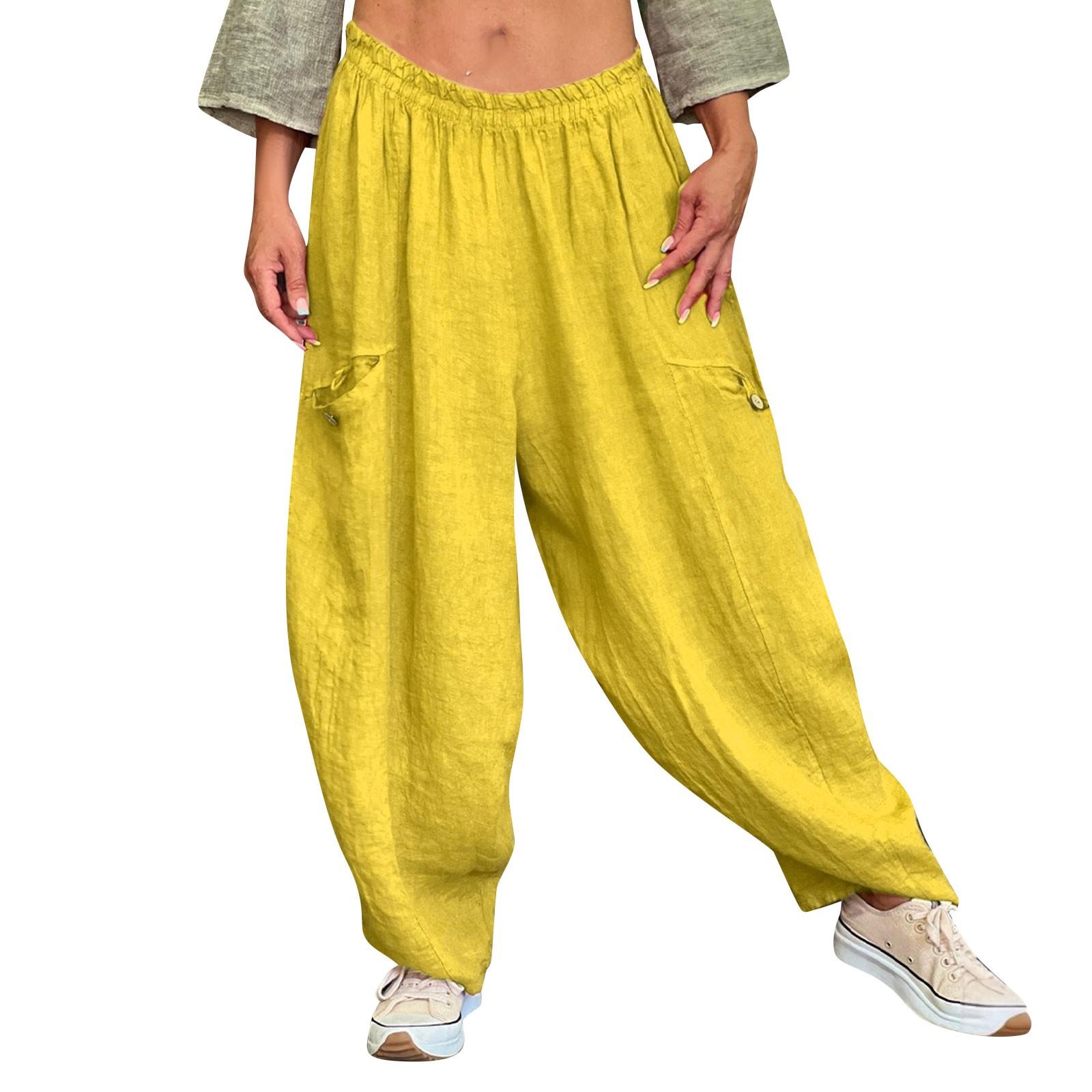 

Женские модные брюки однотонные повседневные брюки с эластичной резинкой на талии и карманами XL жёлтый