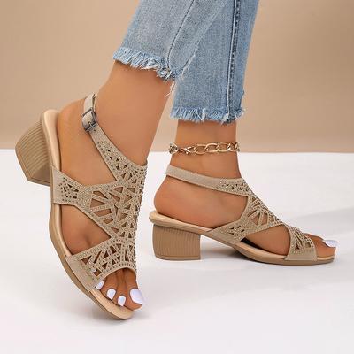 Damensandalen Übergröße Sommer Hohl Fischmaul Strass Einriemen Schnalle Dicke Ferse Römische Sandalen Atmungsaktive Schuhe