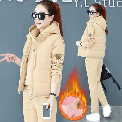 Women's Winter Autumn Thick Vest + Warm Outfit Loose Hooded Tracksuit + High Waist Pant Suits Plush Lined Sweatshirts Women 3 Pieces Sets