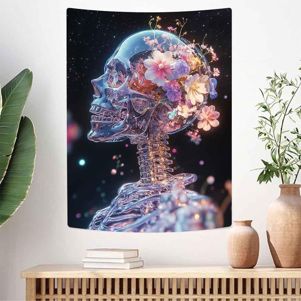 

VIKAMA Crystal Skull Tapestry Starry Sky with Floral Motifs Inside the Skull Bedroom Wall Hanging Living Room Dormitory Decor 74x94cm(29x37in)