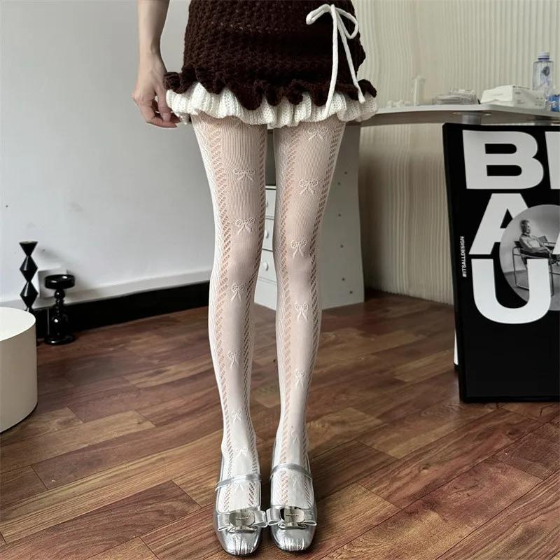 Damen Sexy Hohe Elastizität Ausgeschnitten Fischgrätstrumpfhose Lolita Süß Schleife Weißes Netz Strumpfhose Japanische Jk Unterziehsocken Neu