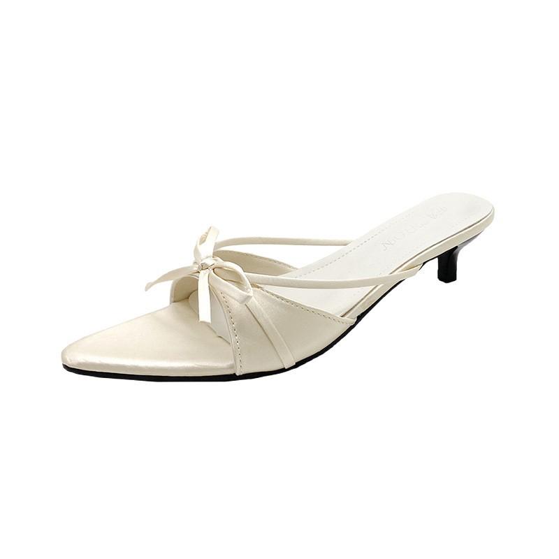 2025 Summer New Bow Pointed Cool Slippers Gentle Thin Heels Fashion Casual Outside Sandals Women