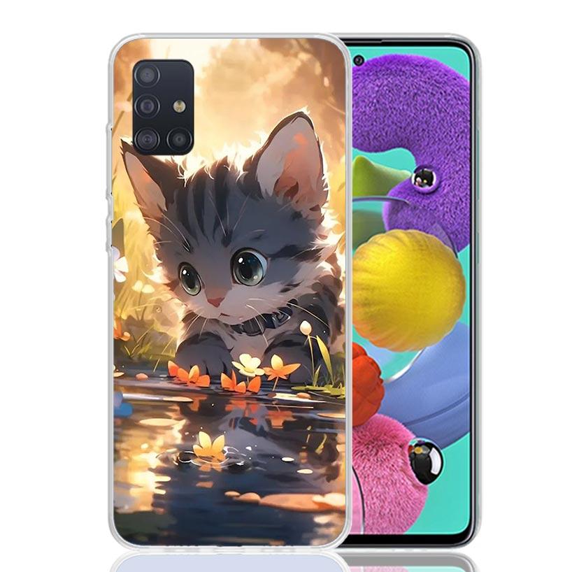Cartoon Cute Cat Fish Aesthetic Phone Case For Samsung Galaxy A52 A32 A22 A12 A02S A50S A30S A51 A31 AA71 Note 20 Ultra 10 S10 P