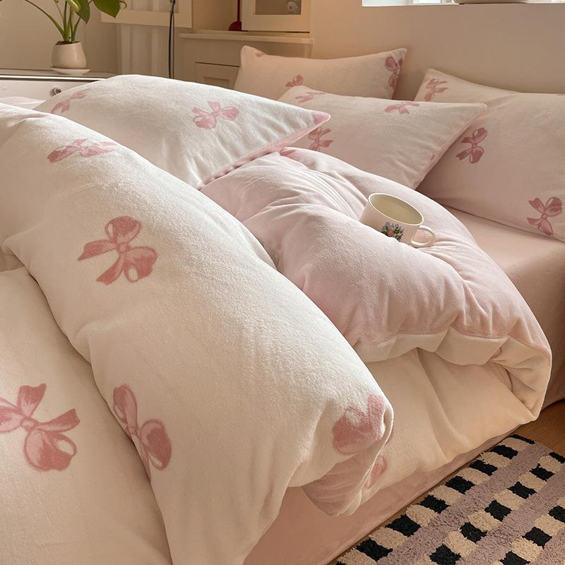 Thickened Milk Fleece Bed Four-Piece Set Warm Coral Fleece Bed Sheet Quilt Cover Three-Piece Bedding