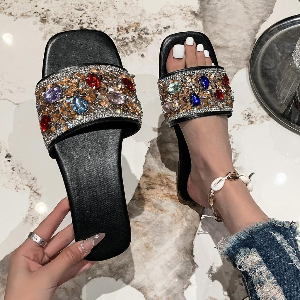 Large Size Women's Slippers Summer New Rhinestone Flat Bottom Square Head One Word Beach Cool Slippers
