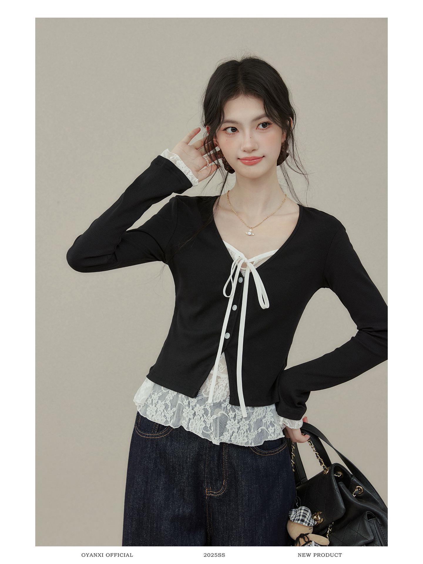 Women s Black Lace Splicing Two-Piece Look Long-Sleeve T-Shirt for Autumn Large чёрный