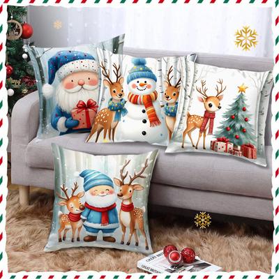 Christmas Theme Sofa Car Pillow Cover Santa Claus Elk Linen Plush Print Pillow Cover