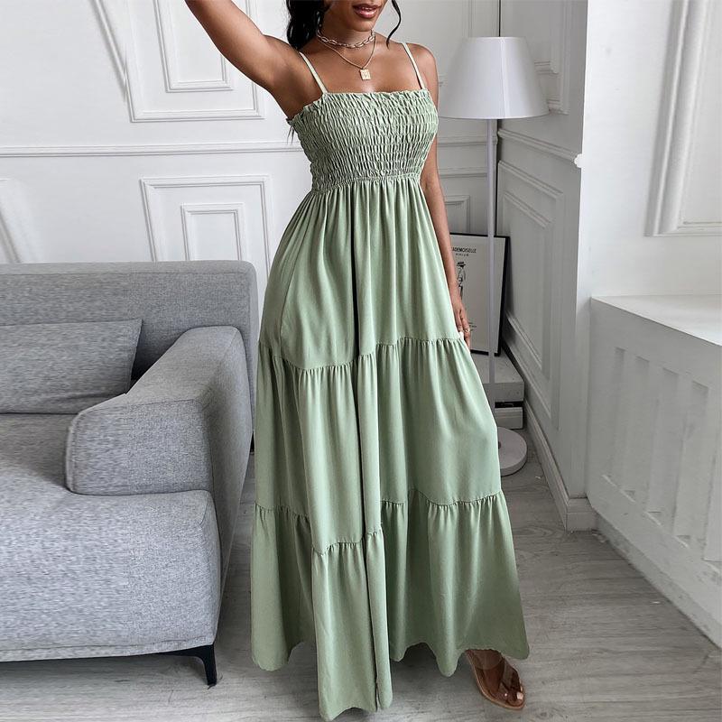 Elegant High-Waist Printed Suspender Dress - Solid Color, Cross-Border Trend