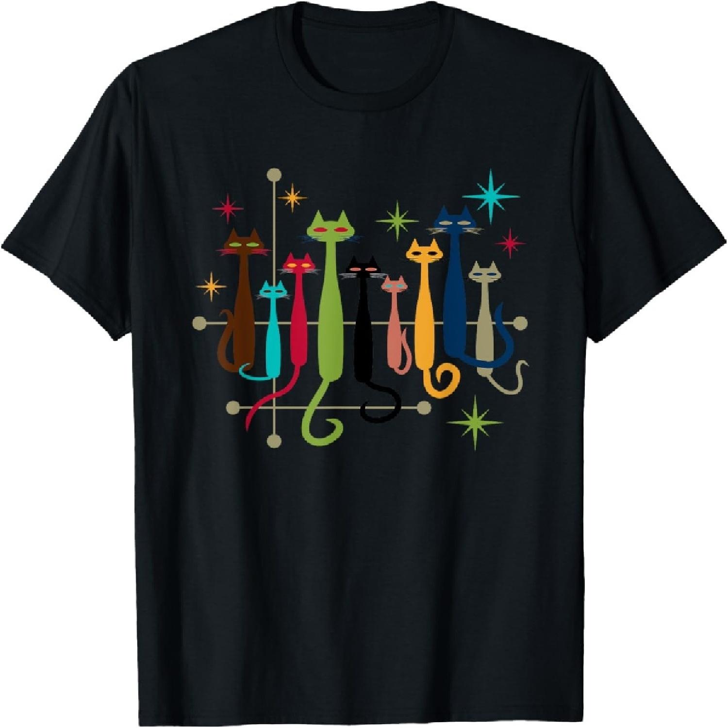 Vintage Retro Mid-Century Modern Look Cats 50s 60s Style T-Shirt S