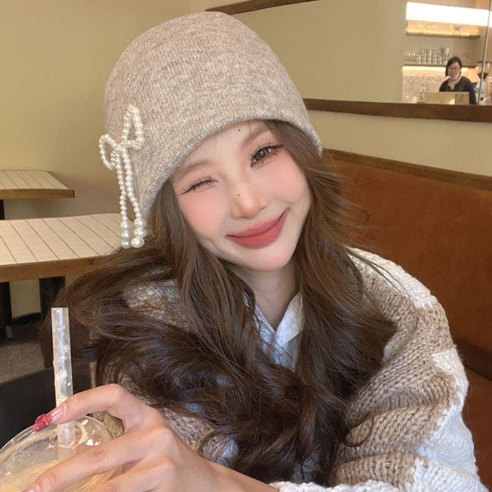 Ear Protector Pearl Bow Beanies Cap Casual Korean Wool Hat Stacking Knitted Bonnet Cap  Daily