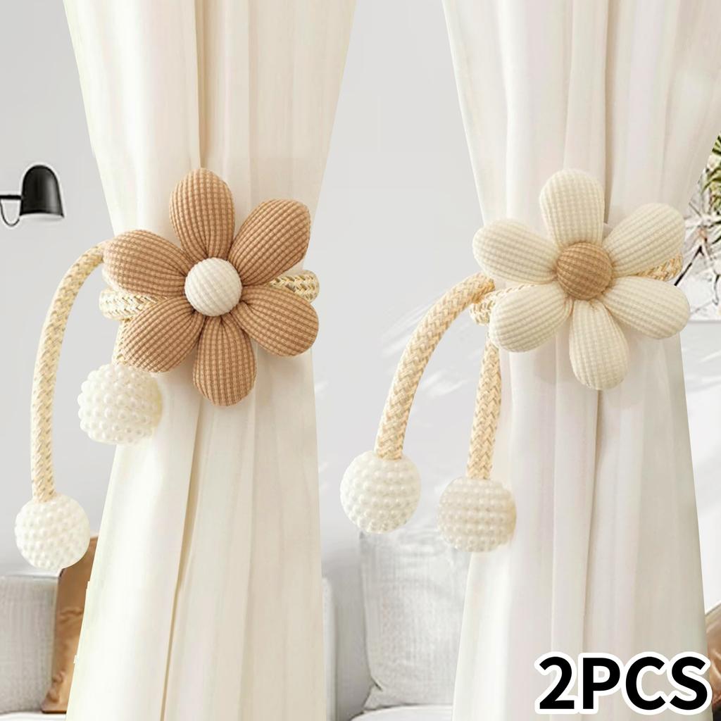 Elegant Adjustable Curtain Ties with Charming Floral Embellishments and White Faux Pearls - Easy No Drill Installation, Perfect for Bedroom