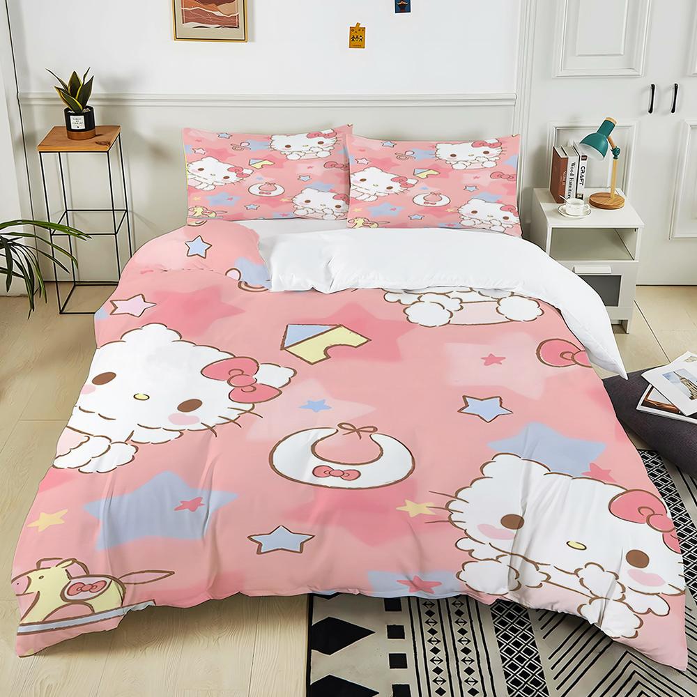 Cute Sanrio Friends Print Bedding Sets Hello Kitty Melody Cinnamoroll Bed Cover Duvet Cover Pillow Case 2-3 Pieces Sets